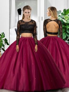 Fuchsia Long Sleeves Lace and Ruching Floor Length Sweet 16 Dress