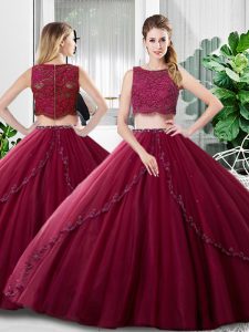 Burgundy Sleeveless Lace and Ruching Floor Length Quinceanera Dress