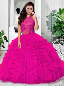 Classical Lace and Ruffles Quinceanera Gown Fuchsia Zipper Sleeveless Floor Length