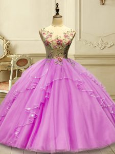 Colorful Lilac Scoop Lace Up Appliques Quince Ball Gowns Sleeveless