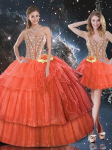 Sumptuous Rust Red Sleeveless Floor Length Ruffled Layers and Sequins Lace Up Quince Ball Gowns