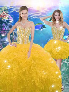 Gold Sleeveless Floor Length Beading and Ruffles Lace Up Quince Ball Gowns