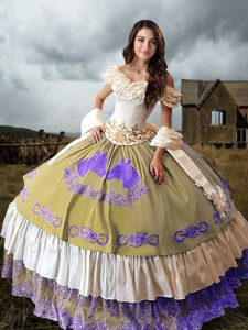 Beauteous Taffeta Sleeveless 15 Quinceanera Dress Brush Train and Embroidery and Ruffled Layers