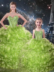 Superior Olive Green Ball Gowns Sweetheart Sleeveless Organza Floor Length Lace Up Beading and Ruffles Quinceanera Gowns