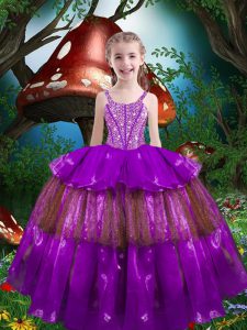 Straps Sleeveless Lace Up Child Pageant Dress Eggplant Purple Organza