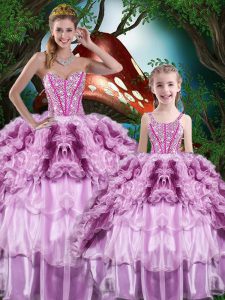 Floor Length Multi-color Ball Gown Prom Dress Organza Sleeveless Beading and Ruffles and Ruffled Layers