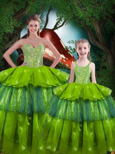 Colorful Olive Green Sleeveless Beading and Ruffled Layers Floor Length Sweet 16 Dresses