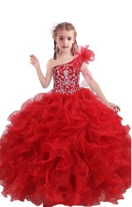 Red Organza Lace Up One Shoulder Sleeveless Floor Length Kids Formal Wear Beading and Ruffles