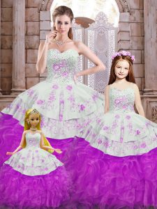 Fantastic White And Purple Ball Gowns Beading and Appliques and Ruffles 15th Birthday Dress Lace Up Organza Sleeveless Floor Length