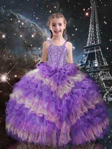 Custom Design Sleeveless Organza Floor Length Lace Up Little Girls Pageant Dress in Lilac with Beading and Ruffled Layers