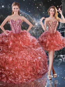Three Pieces 15th Birthday Dress Rust Red Sweetheart Organza Sleeveless Floor Length Lace Up