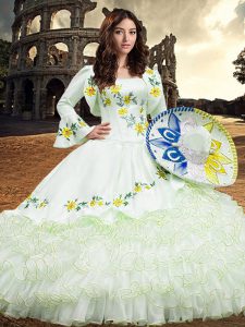 Square Long Sleeves Organza Sweet 16 Quinceanera Dress Embroidery and Ruffled Layers Lace Up