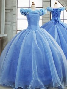 Popular Organza Off The Shoulder Sleeveless Brush Train Lace Up Pick Ups 15 Quinceanera Dress in Light Blue