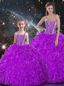 Beading and Ruffles Ball Gown Prom Dress Purple Lace Up Sleeveless Floor Length