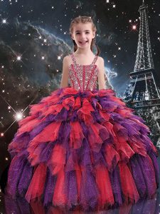 Floor Length Coral Red Little Girl Pageant Gowns Straps Sleeveless Lace Up