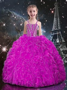 Straps Sleeveless Organza Kids Formal Wear Beading and Ruffles Lace Up