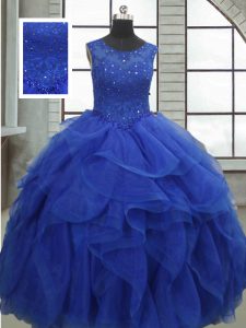 Dramatic Floor Length Royal Blue Quince Ball Gowns Bateau Sleeveless Lace Up