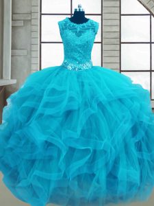 Suitable Baby Blue Tulle Lace Up Scoop Sleeveless Floor Length Quinceanera Gowns Beading and Ruffles
