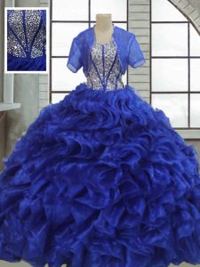 Superior Royal Blue Sweetheart Lace Up Ruffles Sweet 16 Quinceanera Dress Short Sleeves