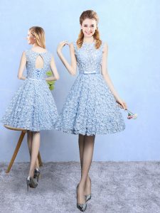 Light Blue Printed Lace Up Scoop Sleeveless Knee Length Vestidos de Damas Belt