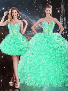 Custom Fit Sweetheart Sleeveless Quinceanera Dresses Floor Length Beading and Ruffles Apple Green Organza