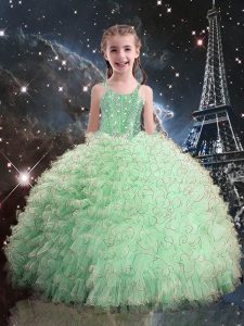 Apple Green Organza Lace Up Pageant Gowns Sleeveless Floor Length Beading and Ruffles