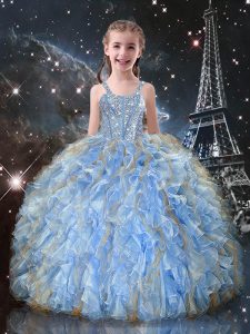 Sleeveless Floor Length Beading and Ruffles Lace Up Pageant Dress Toddler with Light Blue