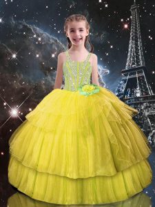 High Quality Floor Length Light Yellow Little Girl Pageant Dress Tulle Sleeveless Beading and Ruffled Layers