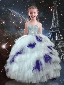 Amazing White Tulle Lace Up Straps Sleeveless Floor Length Little Girls Pageant Gowns Beading and Ruffled Layers