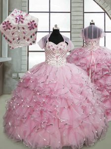 Baby Pink Ball Gowns Organza Spaghetti Straps Sleeveless Beading and Ruffles Lace Up Pageant Dress Womens Brush Train