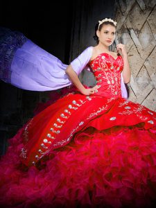 Captivating Red Lace Up Sweetheart Embroidery and Ruffles Quince Ball Gowns Organza Sleeveless Brush Train