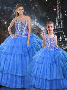 Baby Blue Ball Gowns Sweetheart Sleeveless Organza and Tulle Floor Length Lace Up Ruffled Layers Vestidos de Quinceanera