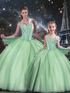Nice Floor Length Lace Up Quinceanera Gown Apple Green for Military Ball and Sweet 16 and Quinceanera with Beading