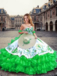 Glorious Green Organza and Taffeta Lace Up Quinceanera Gown Sleeveless Floor Length Embroidery and Ruffled Layers