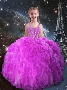 Floor Length Lace Up Kids Pageant Dress Fuchsia for Quinceanera and Wedding Party with Beading and Ruffles