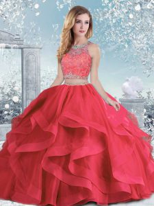 Exquisite Coral Red Sleeveless Beading and Ruffles Floor Length Sweet 16 Dresses