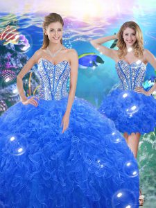 New Style Organza Sweetheart Sleeveless Lace Up Beading and Ruffles Ball Gown Prom Dress in Royal Blue