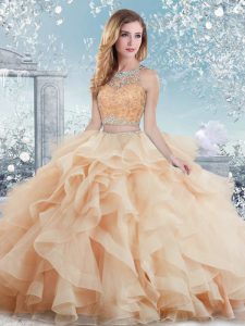Scoop Sleeveless Quince Ball Gowns Floor Length Beading and Ruffles Peach Organza