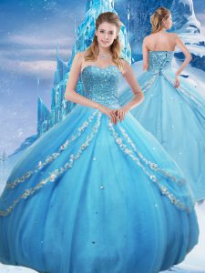 Baby Blue Quince Ball Gowns Military Ball and Sweet 16 and Quinceanera with Beading and Appliques and Sequins Sweetheart Sleeveless Lace Up