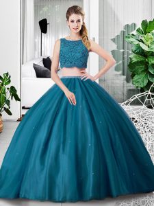 Teal Tulle Zipper Scoop Sleeveless Floor Length Quinceanera Dresses Lace and Ruching