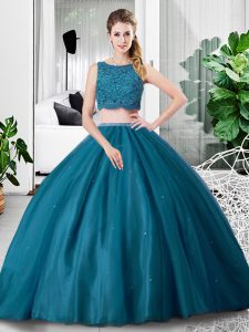 Teal Tulle Zipper Scoop Sleeveless Floor Length Quinceanera Dresses Lace and Ruching