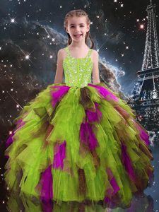 Floor Length Yellow Green Pageant Dress Tulle Sleeveless Beading and Ruffles