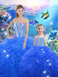 Best Selling Beading and Ruffles Sweet 16 Quinceanera Dress Blue Lace Up Sleeveless Floor Length