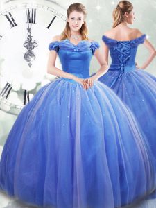 Stunning Off The Shoulder Sleeveless Brush Train Lace Up Sweet 16 Quinceanera Dress Light Blue Tulle