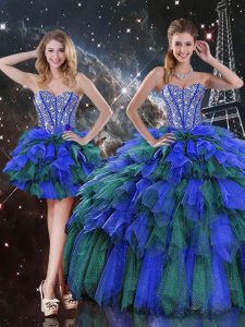 Custom Design Multi-color Lace Up Sweetheart Beading and Ruffles and Ruffled Layers Quince Ball Gowns Organza Sleeveless
