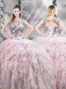 Custom Made Scoop Sleeveless Sweet 16 Quinceanera Dress Floor Length Ruffles Pink Tulle