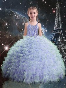 Floor Length Lace Up Little Girl Pageant Dress Light Blue for Quinceanera and Wedding Party with Beading and Ruffles