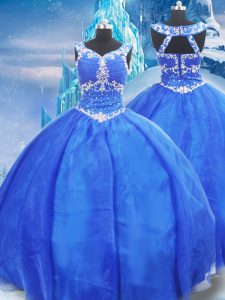 Latest Blue Sleeveless Beading Floor Length 15th Birthday Dress