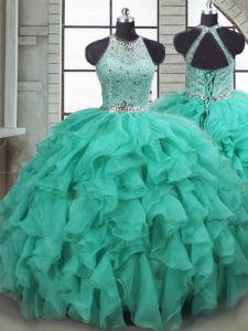 Stunning Turquoise Sleeveless Organza Brush Train Lace Up Quinceanera Gown for Military Ball and Sweet 16 and Quinceanera