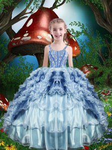 Custom Designed Baby Blue Ball Gowns Straps Sleeveless Organza Floor Length Lace Up Beading and Ruffles and Ruffled Layers Little Girl Pageant Gowns